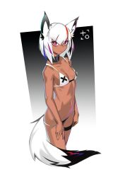 Rule 34 | 1girl, animal ears, bikini, black collar, breasts, character request, collar, commentary, copyright request, cropped legs, dark-skinned female, dark skin, deel (rkeg), female focus, fox ears, fox tail, highres, looking at viewer, medium breasts, multicolored hair, multicolored tail, navel, red eyes, simple background, solo, standing, streaked hair, swimsuit, symbol-only commentary, tail, white hair