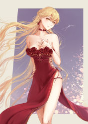 Rule 34 | 1girl, alternate costume, arm behind back, bare shoulders, blonde hair, braid, breasts, china dress, chinese clothes, choker, cleavage, closed mouth, collarbone, commentary request, dress, earrings, filha, flower, french braid, girls&#039; frontline, hand on back, hand on own chest, highres, jewelry, long hair, looking at viewer, medium breasts, nail polish, ots-14 (girls&#039; frontline), petals, purple background, red choker, red dress, red flower, red nails, red rose, ring, rose, signature, sleeveless, sleeveless dress, solo, standing, upper body, wedding band, yellow eyes