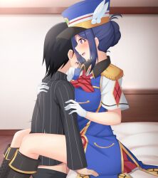 Rule 34 | 1boy, 1girl, age difference, black footwear, black hair, blue hair, blush, boots, bottomless, breasts, breath, closed mouth, faceless, faceless male, hair bun, happy party train, happy sex, hat, hetero, highres, large breasts, leg lock, long sleeves, love live!, love live! sunshine!!, matsuura kanan, medium hair, on bed, onee-shota, open mouth, paradox 1818, purple eyes, sex, sitting, smile, standing, standing sex, tagme, testicles, trembling, turtleneck, uniform, vaginal