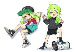 Rule 34 | 2girls, :3, :d, artist request, asymmetrical hair, baseball cap, black shorts, black sweater, colored tongue, dolphin shorts, full body, green hair, green tongue, hands in pockets, hands up, hat, ink tank (splatoon), inkling, inkling girl, inkling player character, legs apart, long hair, long sleeves, multiple girls, nintendo, open mouth, pixiv13691592, pointy ears, red eyes, shoes, short shorts, shorts, simple background, smile, splatoon (series), splatoon 2, sweater, tentacle hair, white background, yellow eyes