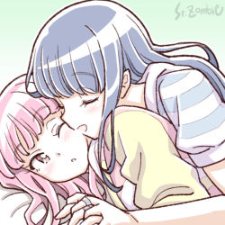 Rule 34 | 2girls, artist name, blue hair, blush, closed eyes, holding hands, hoodie, interlocked fingers, long hair, lying, magia record: mahou shoujo madoka magica gaiden, mahou shoujo madoka magica, multiple girls, nanami yachiyo, nanami yachiyo (pajamas costume), on person, one eye closed, open mouth, pink hair, striped clothes, striped hoodie, studiozombie, tamaki iroha, tamaki iroha (pajamas costume), yuri