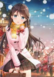 Rule 34 | 1girl, :o, absurdres, bag, black thighhighs, blue eyes, blush, braid, brown hair, bug, butterfly, city, coat, duffel coat, fuumi (radial engine), gift, highres, holding, insect, long hair, long sleeves, looking at viewer, night, night sky, open mouth, original, outdoors, pleated skirt, scan, scarf, school bag, skirt, sky, solo, thighhighs, wire, yellow scarf, zettai ryouiki