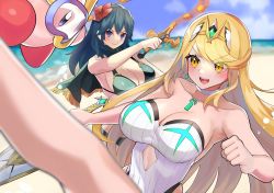 Rule 34 | 2girls, alternate costume, bare shoulders, beach, bikini, black bikini, blonde hair, blue eyes, blue hair, blue sky, breasts, byleth (female) (fire emblem), byleth (female) (summer) (fire emblem), byleth (fire emblem), chest jewel, cleavage, closed mouth, clou, day, fire emblem, fire emblem: three houses, fire emblem heroes, gem, headpiece, highres, holding, holding weapon, katwo, kirby, kirby (series), large breasts, legs, long hair, multiple girls, mythra (radiant beach) (xenoblade), mythra (xenoblade), nintendo, ocean, official alternate costume, one-piece swimsuit, open mouth, outdoors, parted bangs, sky, smile, super smash bros., swimsuit, sword, sword of the creator, weapon, white one-piece swimsuit, xenoblade chronicles (series), xenoblade chronicles 2, yellow eyes