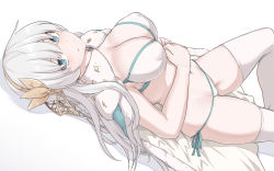 Rule 34 | 1girl, anastasia (fate), bikini, blue eyes, blue robe, blush, breasts, bright pupils, cleavage, closed mouth, covered erect nipples, dutch angle, fate/grand order, fate (series), fur trim, hair over eyes, hairband, large breasts, long hair, looking at viewer, lying, navel, on back, robe, shiseki hirame, side-tie bikini bottom, silver hair, simple background, smile, swimsuit, thighhighs, thighs, white bikini, white pupils, white thighhighs