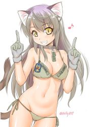 Rule 34 | 1girl, :d, animal ears, belt collar, breasts, cat ears, cat girl, cat tail, cleavage, collar, cowboy shot, dog tags, ebifly, gloves, gluteal fold, grey hair, hands up, index finger raised, looking at viewer, medium breasts, navel, open mouth, original, simple background, slit pupils, smile, solo, standing, stomach, tail, twitter username, white background, yellow eyes