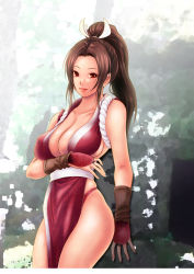 Rule 34 | 1girl, absurdres, bare shoulders, breasts, bridal gauntlets, brown eyes, brown hair, cleavage, closed mouth, collarbone, commentary request, dem (tamamoyaryu), fatal fury, high ponytail, highres, japanese clothes, large breasts, lips, long hair, looking at viewer, ninja, panty straps, parted bangs, pelvic curtain, ponytail, revealing clothes, rope, shimenawa, shiny skin, shiranui mai, simple background, sleeveless, smile, solo, the king of fighters, thighhighs, thighs, underwear
