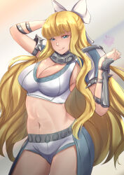 Rule 34 | 1girl, ;p, arm guards, blonde hair, blue eyes, blunt bangs, bow, breasts, charlotte (fire emblem), cleavage, cowboy shot, fire emblem, fire emblem fates, hair bow, highres, large breasts, long hair, looking at viewer, midriff, navel, nintendo, one eye closed, rinku bny, solo, tongue, tongue out, very long hair, white bow