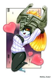 Rule 34 | 1girl, alternate breast size, arms behind head, arms up, bad id, bad pixiv id, black skin, blonde hair, breasts, cleavage, cleavage cutout, clothing cutout, colored sclera, colored skin, fang, heart, helmet, long hair, medium breasts, meme attire, midna, naked sweater, neocoill, nintendo, one eye covered, open-chest sweater, open mouth, red eyes, ribbed sweater, smile, solo, sweater, the legend of zelda, the legend of zelda: twilight princess, turtleneck, yellow sclera