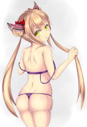 Rule 34 | 1girl, absurdres, ass, bare shoulders, bikini, blonde hair, blush, breasts, dimples of venus, from behind, green eyes, hair ornament, highres, long hair, looking back, luna (shadowverse), makina, open mouth, parted lips, shadowverse, shiny skin, sideboob, smile, solo, swimsuit, thong, thong bikini, twintails, very long hair