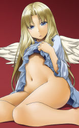Rule 34 | 1girl, :o, alto-00, barefoot, blonde hair, blue dress, blue eyes, bottomless, clothes lift, dress, dress lift, eyes visible through hair, feathered wings, filo (tate no yuusha no nariagari), frilled sleeves, frills, highres, lifting own clothes, long hair, looking at viewer, navel, open mouth, parted bangs, red background, short dress, sitting, solo, tate no yuusha no nariagari, very long hair, white wings, wings