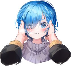 Rule 34 | 1girl, bad id, bad pixiv id, blue eyes, blue hair, blush, closed mouth, commentary request, disembodied limb, hair ornament, hair over one eye, hands on another&#039;s face, hands up, highres, long sleeves, looking at viewer, natsuki subaru, one eye closed, pov, pov hands, re:ankh, re:zero kara hajimeru isekai seikatsu, reflection, rem (re:zero), short hair, simple background, solo focus, sweater, upper body, white background