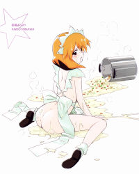 Rule 34 | 1girl, andou minawa, apron, ass, blonde hair, blush, brown eyes, character name, ditama bow, food, food on face, from behind, full body, highres, kanji, mahoromatic, maid headdress, naked apron, open mouth, orange hair, pot, shoes, short hair, sitting, smoke, socks, solo, spill, spread legs, star (symbol), teeth, teras, wariza, white background
