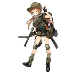 Rule 34 | 1girl, ammunition pouch, backpack, bag, bandaged leg, bandages, black footwear, blue eyes, boots, brown hair, brown shirt, cowboy hat, cross-laced footwear, f1 (girls&#039; frontline), f1 (gun), f1 (mod3) (girls&#039; frontline), fingerless gloves, flashlight, full body, girls&#039; frontline, gloves, green footwear, griffin &amp; kryuger, grin, gun, harness, hat, highres, holding, holding gun, holding weapon, keffiyeh, kisetsu, knee pads, lace-up boots, load bearing equipment, long hair, looking at viewer, machete, mod3 (girls&#039; frontline), official art, one eye closed, pouch, salute, shirt, short sleeves, shovel, simple background, smile, solo, standing, submachine gun, transparent background, trigger discipline, twintails, two-finger salute, two-tone footwear, weapon