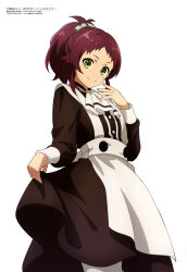 Rule 34 | 1girl, absurdres, aisha greyrat, apron, black dress, closed mouth, clothes lift, dress, dress lift, green eyes, hair ornament, highres, lifted by self, long sleeves, looking at viewer, magazine scan, medium hair, megami magazine, mushoku tensei, official art, red hair, scan, sidelocks, simple background, smile, solo, standing, white apron, white background