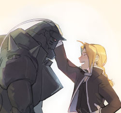 Rule 34 | 2boys, :d, ^ ^, ahoge, alphonse elric, armor, beige background, black jacket, black shirt, blonde hair, braid, brothers, closed eyes, edward elric, esu (825098897), fullmetal alchemist, hand on own hip, headpat, helmet, jacket, leaning, leaning forward, male focus, multiple boys, open mouth, outstretched arm, profile, shirt, siblings, simple background, smile, upper body