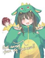 Rule 34 | 2girls, ?, aketa mikoto, blush, dinosaur costume, english text, green eyes, green hair, highres, hood, hood up, idolmaster, idolmaster shiny colors, inset, kevn, looking at another, looking at viewer, multiple girls, nanakusa nichika, official alternate costume, paw pose, simple background, upper body, white background
