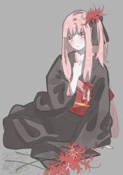 Rule 34 | 1girl, arm support, black bow, black kimono, bow, brbr vrvr, colored skin, feet out of frame, flower, grey background, hair bow, hair flower, hair ornament, hair ribbon, hand on own chest, highres, japanese clothes, kimono, long hair, looking at viewer, nail polish, obi, one side up, original, parted lips, pink eyes, pink hair, pink nails, red flower, red sash, ribbon, sash, simple background, sitting, solo, spider lily, tress ribbon, white skin, yokozuwari