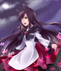 Rule 34 | 1girl, animal ears, bad id, bad pixiv id, brooch, brown eyes, brown hair, cloud, dress, full moon, highres, imaizumi kagerou, jewelry, layered dress, leaf, long hair, long sleeves, looking at viewer, maple leaf, moon, night, night sky, open mouth, richard, shawl, skirt hold, sky, solo, star (sky), touhou, wolf ears