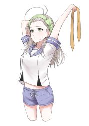 Rule 34 | 10s, 1girl, antenna hair, arms up, blue shorts, bow, breasts, closed mouth, cropped legs, expressionless, green bow, green eyes, green hairband, gym shorts, hair bow, hairband, highres, holding, kantai collection, kinugasa (kancolle), long hair, looking away, looking to the side, medium breasts, morinaga miki, neckerchief, unworn neckerchief, ribbon, sailor collar, shirt, short sleeves, shorts, simple background, sleeve cuffs, solo, standing, stretching, white background, white ribbon, white shirt, yellow neckerchief