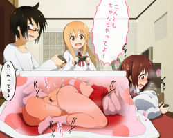 Rule 34 | 10s, 1boy, 2girls, black hair, blonde hair, blush, bottomless, breasts, brother and sister, brown eyes, brown hair, butterfly sitting, censored, clothed sex, clothes lift, controller, doggystyle, doma taihei, doma umaru, ebina nana, glasses, hetero, himouto! umaru-chan, huge breasts, kotatsu, large breasts, long hair, lying, morokoshitaroh, mosaic censoring, motion lines, multiple girls, on stomach, open mouth, panties, penis, pillow, playing games, profile, pun, school uniform, semi-rimless eyewear, sex, sex from behind, short hair, siblings, sitting, skirt, skirt lift, stealth sex, striped clothes, striped panties, table, translated, twintails, under-rim eyewear, under kotatsu, under table, underwear, vaginal, wavy mouth