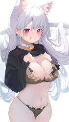 Rule 34 | 1girl, animal ear fluff, animal ears, bell, black panties, black sweater, blush, bra, breasts, cat ears, cat girl, cat tail, choker, cleavage, clothes lift, cowboy shot, daily (daily178900), ear piercing, earrings, extra ears, grey bra, grin, hands up, highres, jewelry, jingle bell, large breasts, lingerie, long hair, long sleeves, looking at viewer, navel, original, panties, piercing, purple eyes, simple background, skindentation, slit pupils, smile, solo, stomach, string panties, sweater, sweater lift, tail, thighs, underwear, very long hair, white background, white choker
