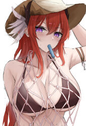 Rule 34 | 1girl, absurdres, arknights, arm strap, arm up, bare shoulders, bikini, black bikini, blush, breasts, brown hat, cleavage, collarbone, food, food in mouth, hair between eyes, hat, highres, horns, large breasts, long hair, looking at viewer, namikare, popsicle, purple eyes, red hair, simple background, slit pupils, solo, surtr (arknights), swimsuit, upper body, very long hair, white background