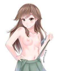 Rule 34 | 10s, 1girl, arashio (kancolle), artist name, bad id, bad pixiv id, breasts, brown eyes, brown hair, closed mouth, collarbone, disco brando, hand on own hip, highres, kantai collection, long hair, looking at viewer, naked suspenders, navel, nipples, seductive smile, simple background, skirt, small breasts, smile, solo, suspender skirt, suspenders, suspenders pull, topless, upper body, white background