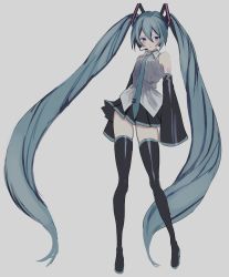Rule 34 | 1girl, absurdly long hair, arms at sides, blue necktie, blush, detached sleeves, expressionless, frown, full body, grey background, grey shirt, grey skirt, hatsune miku, headset, highres, long hair, looking away, necktie, p2 (uxjzz), shirt, simple background, skindentation, skirt, sleeveless, sleeveless shirt, solo, standing, thighhighs, thighs, twintails, very long hair, vocaloid
