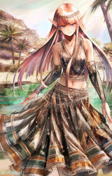 Rule 34 | 1girl, blue eyes, closed mouth, collarbone, day, detached sleeves, earrings, floating hair, grey skirt, grey sleeves, hair ornament, highres, jewelry, long hair, long skirt, long sleeves, looking at viewer, midriff, navel, oasis, original, outdoors, pointy ears, red hair, skirt, smile, solo, standing, stomach, straight hair, sushi (sashimise), twitter username, very long hair
