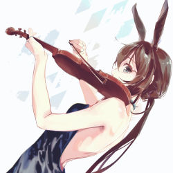 Rule 34 | 1girl, amiya (arknights), animal ears, arknights, backless dress, backless outfit, bare back, black dress, blue collar, blue eyes, bow (music), brown hair, collar, dress, dutch angle, extra ears, from behind, highres, holding, holding bow (music), holding instrument, holding violin, instrument, jewelry, long hair, looking back, neck ring, ponytail, rabbit ears, rabbit girl, sideways glance, simple background, solo, strapless, strapless dress, thumb ring, upper body, violin, white background, yiyixibie