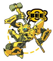 Rule 34 | 1boy, armor, autobot, blue eyes, borezet, bumblebee, full body, hammer, holding, holding weapon, looking away, looking to the side, no humans, simple background, transformers, weapon, white background