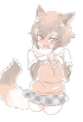 Rule 34 | 10s, 1girl, animal ears, blush, borrowed character, brown hair, character request, check character, commentary request, cowboy shot, eyelashes, fangs, fingers together, fur collar, index fingers together, kemono friends, long sleeves, mitsumoto jouji, multicolored hair, nose blush, open mouth, orange hair, original, plaid, plaid skirt, pleated skirt, red wolf (kemono friends) (asano (asamusuko)), short hair, short sleeves, skirt, solo, sweater, tail, wolf ears, wolf tail, yellow eyes
