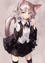Rule 34 | 1girl, absurdres, animal ear fluff, animal ears, black jacket, black skirt, black thighhighs, brown eyes, clothing cutout, collared shirt, commentary, cowboy shot, feet out of frame, female focus, gradient background, grey background, grey hair, hair between eyes, hair ornament, hairclip, hand up, highres, jacket, kaamin (mariarose753), light blush, long sleeves, looking at viewer, medium hair, original, over-kneehighs, parted lips, pointing, pointing at self, shirt, shoulder cutout, skirt, solo, standing, tail, thighhighs, white shirt, wide sleeves