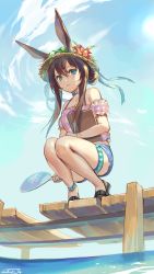 Rule 34 | 1girl, absurdres, alternate color, alternate costume, amiya (arknights), animal ears, arknights, bare legs, bare shoulders, blue choker, blue eyes, blue nails, blue ribbon, blue shorts, blue sky, breasts, brown footwear, casual, choker, closed mouth, cloud, cloudy sky, commentary, day, eyelashes, flower, full body, goggles, goggles on headwear, hair between eyes, hair bun, halterneck, halterneck, hand fan, hat, hat flower, hat ribbon, highres, jewelry, light smile, long hair, looking at viewer, medium breasts, midriff, multiple rings, nail polish, nys, outdoors, paper fan, pier, plaid, rabbit ears, ribbon, ring, sandals, short shorts, shorts, sidelocks, signature, single hair bun, sky, smile, solo, squatting, straw hat, summer, thighlet, thighs, uchiwa, water