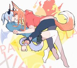 Rule 34 | 2girls, animal ear fluff, animal ears, arknights, barefoot, black pants, black skirt, blue hair, blue sweater, chinese commentary, commentary request, dragon girl, dragon horns, dragon tail, drawn wings, eye contact, fire, fox ears, fox girl, fox tail, franka (arknights), from side, full body, grey background, holding hands, highres, hood, hood down, hoodie, horns, interlocked fingers, liskarm (arknights), long hair, long sleeves, looking at another, multiple girls, noses touching, pants, ponytail, profile, red eyes, red hoodie, skirt, sleeves rolled up, soles, sweater, tail, thighhighs, toes, white legwear, xiao lu, yellow background, yuri