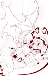 Rule 34 | 2girls, blush, clothes lift, female focus, flandre scarlet, incest, monochrome, multiple girls, red theme, remilia scarlet, shirt lift, siblings, sisters, takahero, touhou, wings, yuri