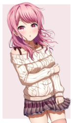 Rule 34 | 1girl, :o, absurdres, bang dream!, bare shoulders, blush, cowboy shot, dutch angle, hand on own arm, highres, knit sweater, looking at viewer, maruyama aya, medium hair, miniskirt, noshimurin, off-shoulder sweater, off shoulder, pink eyes, pink hair, simple background, skirt, solo, sweater
