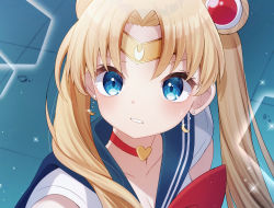 Rule 34 | 1girl, absurdres, bishoujo senshi sailor moon, blonde hair, blue eyes, blue sailor collar, blush, bow, choker, circlet, collarbone, commentary request, crescent, crescent earrings, derivative work, double bun, earrings, hair bun, hair ornament, heart, heart choker, highres, jewelry, long hair, meme, parted bangs, parted lips, red bow, red choker, sailor collar, sailor moon, sailor moon redraw challenge (meme), sailor senshi uniform, sapphire (sapphire25252), screenshot redraw, shirt, sleeveless, sleeveless shirt, solo, tsukino usagi, twintails, upper body, white shirt