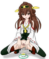 Rule 34 | 1girl, brown eyes, brown hair, censored, highres, japanese clothes, kantai collection, kishima, kongou (kancolle), no panties, peeing, peeing in cup, pussy, smile, solo, spread pussy, squatting, white background