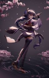 Rule 34 | 1girl, artist name, boots, cherry blossoms, floating hair, from behind, full body, genshin impact, hair ornament, hands up, highres, holding, holding sword, holding weapon, japanese clothes, long braid, long hair, looking at viewer, looking back, own hands together, petals, pixiv id, purple eyes, purple hair, raiden shogun, rimuu, sandals, sash, solo, sword, thigh boots, thighhighs, twitter username, very long hair, walking, walking on liquid, water, weapon, zouri