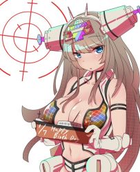 Rule 34 | 1girl, antennae, armband, armor, blue eyes, blush, breasts, brown hair, cleavage, clothing cutout, collarbone, crosshair, gloves, gold armor, hairband, happy birthday, holding, january, jumii80, kingjoe, large breasts, leotard, long hair, looking at viewer, midriff, navel, navel cutout, open mouth, personification, sign, standing, ultra kaijuu gijinka keikaku, ultra series, ultraseven (series), white background