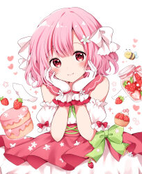 Rule 34 | 1girl, absurdres, bare shoulders, bee, blush, bow, bug, detached sleeves, detached wings, dress, flower, food, fruit, gloves, hair bow, hair flower, hair ornament, hair ribbon, hands on own face, heart, highres, insect, kokoshira 0510, looking at viewer, macaron, original, pink eyes, pink hair, pink sailor collar, red eyes, ribbon, sailor collar, short hair, smile, solo, strawberry, white gloves, wings