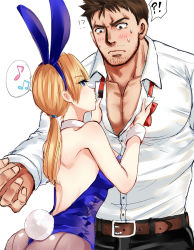 Rule 34 | !?, 1boy, 1girl, animal ears, ass, backless outfit, blue eyes, blue leotard, blush, breasts, brown hair, brown pantyhose, chris redfield, detached collar, facial hair, fake animal ears, fake tail, height difference, hetero, jill valentine, large breasts, leotard, low ponytail, muscular, musical note, nagare, necktie, pantyhose, playboy bunny, rabbit ears, rabbit tail, resident evil, resident evil 5, seamed legwear, strapless, strapless leotard, stubble, sweatdrop, tail, undone necktie, undressing another, wrist cuffs