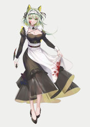 Rule 34 | 1girl, absurdres, apron, arknights, black dress, black footwear, blonde hair, blood, blood on clothes, blood on face, bloody weapon, breasts, cleavage, closed mouth, dagger, detached collar, dress, frilled dress, frills, full body, green eyes, grey background, high heels, highres, holding, holding weapon, hongbaise raw, juliet sleeves, kal&#039;tsit (arknights), knife, large breasts, long sleeves, looking at viewer, maid, maid headdress, multicolored hair, official alternate costume, puffy sleeves, see-through, short hair, simple background, solo, standing, v-shaped eyebrows, waist apron, weapon, white apron