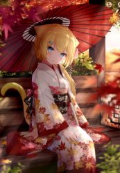 Rule 34 | 1girl, absurdres, animal ears, autumn leaves, blonde hair, blue eyes, blurry, blurry foreground, cat ears, cat girl, cat tail, depth of field, floral print, fox girl, furisode, guo582, hair ornament, hairclip, hanazono serena, hanazono serena (channel), hand on lap, highres, japanese clothes, kimono, leaf, looking at viewer, maple leaf, obi, oil-paper umbrella, outdoors, print kimono, red umbrella, sash, sitting, solo, tail, umbrella, virtual youtuber