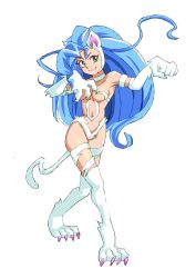 Rule 34 | 1girl, animal ears, animal hands, big hair, blue hair, breasts, cat ears, cat tail, claws, closed mouth, commentary request, fang, felicia (vampire), fur, graphite (medium), green eyes, long hair, millipen (medium), navel, onnaski, simple background, smile, solo, tail, thighhighs, traditional media, vampire (game), white background