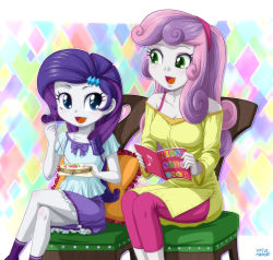Rule 34 | 2girls, age difference, aged down, aged up, blue eyes, book, colored skin, green eyes, hair ornament, hairband, hairclip, long hair, multicolored hair, multiple girls, my little pony, my little pony: equestria girls, my little pony: friendship is magic, open book, personification, pink hair, purple hair, rarity (my little pony), reading, sewing, siblings, sisters, sweetie belle, two-tone hair, uotapo, white skin