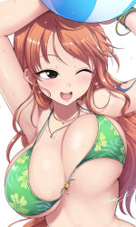 Rule 34 | 1boy, 1girl, ;d, arm tattoo, ball, bangle, beach, beachball, bikini, blush, bracelet, breasts, brown eyes, earrings, floral print, green bikini, hat, highres, holding, holding ball, imminent wardrobe malfunction, jewelry, kasai shin, large breasts, log pose, long hair, nami (one piece), navel, necklace, one eye closed, one piece, open mouth, orange hair, signature, simple background, smile, swimsuit, tattoo, unaligned breasts, upper body, veins, veiny breasts, wet, white background