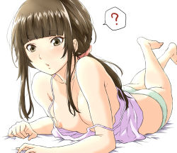 Rule 34 | 1girl, ?, amagami, arm support, bare shoulders, barefoot, blunt bangs, blush, breasts, brown eyes, brown hair, camisole, kamizaki risa, long hair, lying, nipples, on stomach, open mouth, panties, ponytail, scrunchie, shouji nigou, small breasts, solo, strap slip, underwear