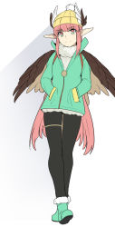 Rule 34 | 1girl, black pantyhose, black wings, blush, boots, circe (fate), circe (traveling outfit) (fate), commentary request, fate/grand order, fate (series), flat color, full body, fur-trimmed footwear, fur collar, fur trim, green footwear, green jacket, hat, head wings, jacket, looking at viewer, pantyhose, pink eyes, pink hair, pointy ears, shiseki hirame, simple background, smile, solo, split mouth, wings, winter clothes